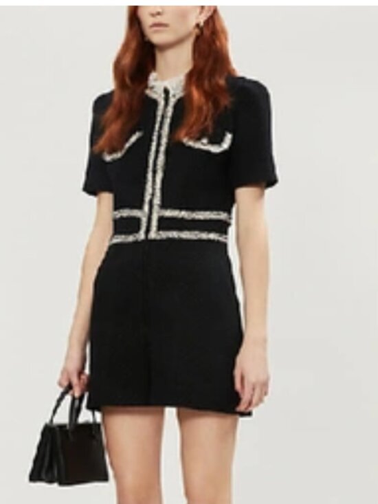Sandro Pants - Sandro Ariela Black Tweed Playsuit Romper Lace Trim Short Sleeve Jumpsuit XS